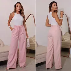 Calça Feminina Pantalona Cintura Alta Com Cordão na Cintura Tecido Sensoriale Marrant