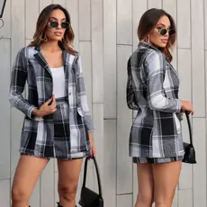 Conjunto Feminino Blazer e Short Saia Flanelado Xadrex