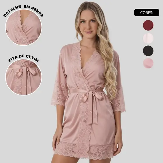 Robe Feminino Transpassado Manga 3/4 em Liganete com Renda Elegante Confortável