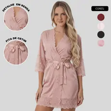 Robe Feminino Transpassado Manga 3/4 em Liganete com Renda Elegante Confortável