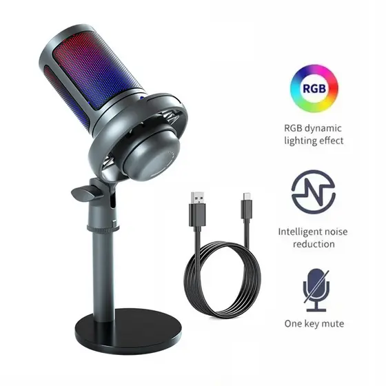 Microfones Condensadores USB Fio Microfone  Jogos RGB PC Braço De Lança Mac/PS4/PS5 Touch Mute Streaming Podcastingor