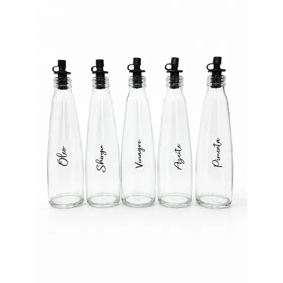 Kit 5 Galheteiro Vidro Keps 275ml Porta Azeite Vinagre Shoyu Dosador Preto Organizador Cozinha Mesa Posta