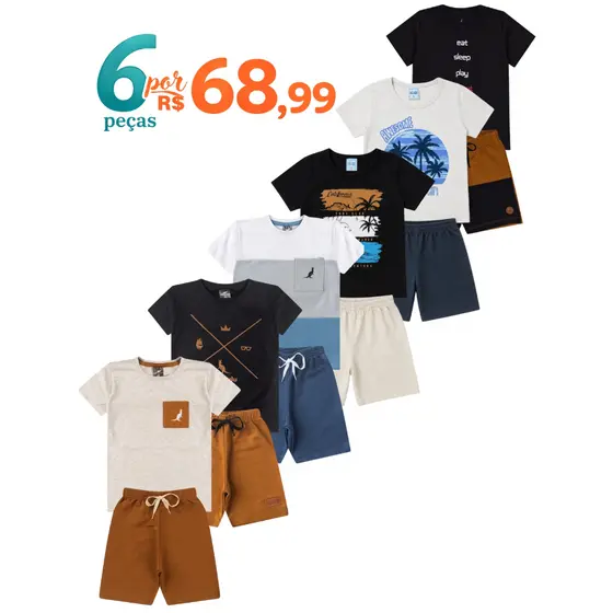 Kit 6 Peças Conjunto Infantil Menino Verão Bebê Algodão Promoção 3 Camisetas + 3 Bermudas Envio Sortido Tamanho 1 ao 12
