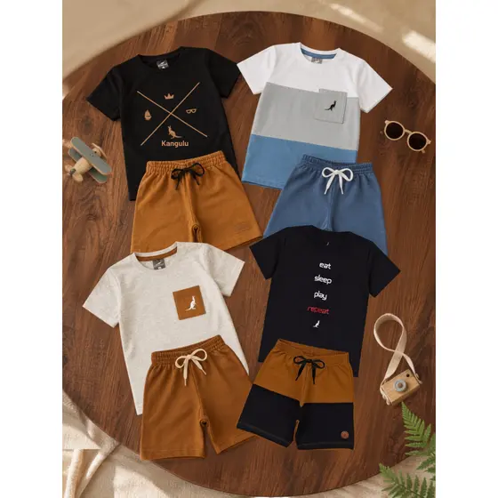 Kit 4 Peças Conjunto Infantil Menino Verão Confortável 2 Camisas 2 Shorts Sortido Roupa Infantil Bebê 1 ao 12