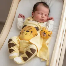Macacão Bebê Menino Tigre Manga Longa com Naninha Sensação Bordado Amarelo Tam P