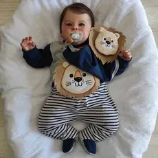 Macacão Manga Longa Bebê Menino Kids Bordado Leãozinho Mescla com Naninha