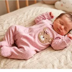Roupa Bebê Menina Macacão Longo Ziper Malha Kids Ursinha Poá Rosê/Bege/Listrada