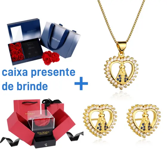Kit Colar Brincos Delicado Nossa Senhora Coracao Cravejado Zircônia Corrente Banhado A Ouro 18K