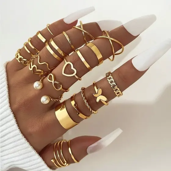 Kit 22 Peças Anel Feminino Banhado A Ouro 18K Aberto Ajustável Variedades