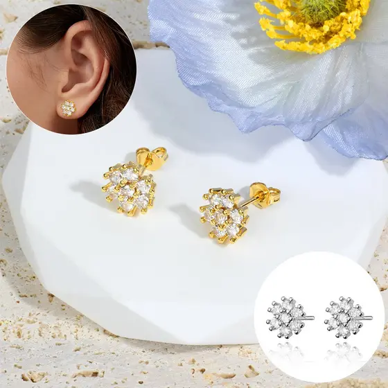 Brinco Femenino Delicado Flor Folheado Platina Zircônia Cravejada Luxo