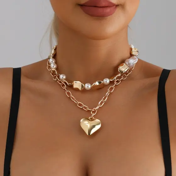 Colar de pérola alienígena com pingente de coração, estilo feminino popular e exagerado, corrente de clavícula, presente