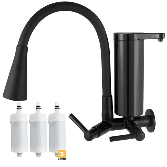 Torneira Cozinha Flexível 2 Jatos Parede Preta Luxo Com Filtro Gourmet Abs