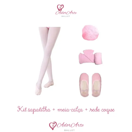 Kit Ballet Balé Infantil Rosa 3 itens: Rede coque + Meia calça + Sapatilha