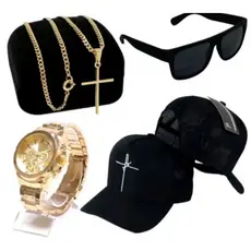 Kit masculino boné fé + óculos premium + relógio metal + corrente cruz dourada banhada a ouro