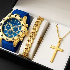 Kit Relógio Masculino Original + Corrente Cruz Banhado a Ouro 18k + Pulseira Luxo