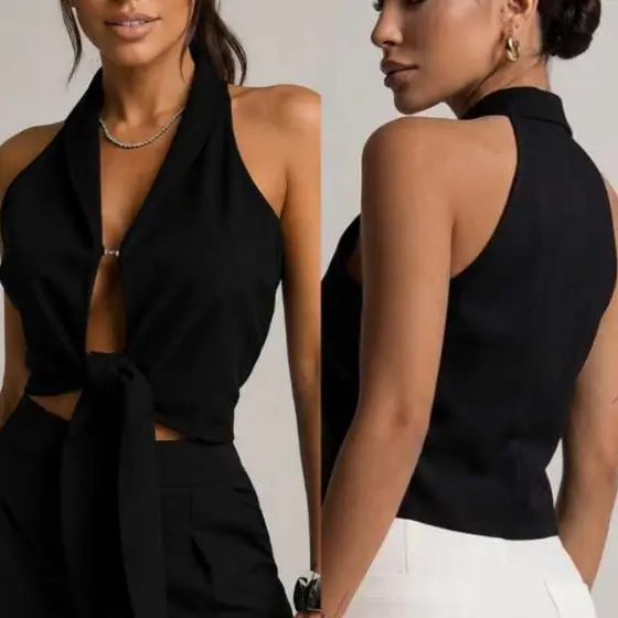 Colete Feminino Alfaiataria Gola Halter com Amarração frontal
