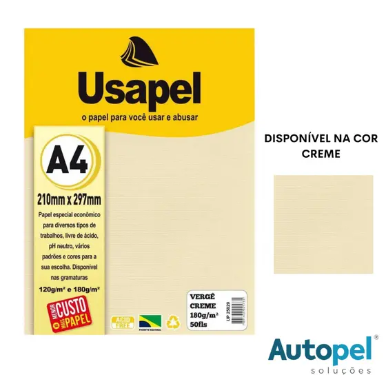 Papel Vergê Creme A4 120g 50 Folhas Usapel Para Diploma Convite Artes