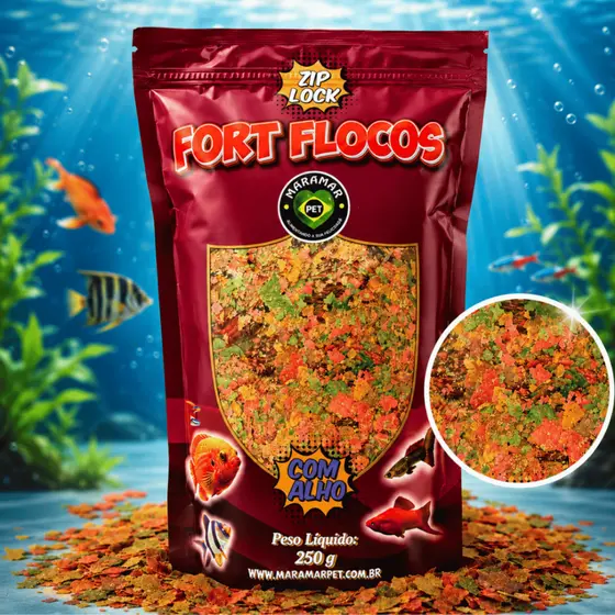 Ração Para Peixe Fort Flocos 250g Maramar Alimento Completo Aquário Agua Doce