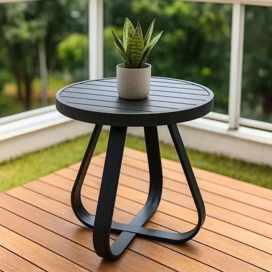 Mesa de Centro Milano em Alumínio Preto Moderna para Área Interna ou Externa Tampo Ripado