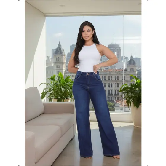 Calça Jeans Feminina Wide Leg Cintura Alta Com Lycra Pantalona Roupas Femininas da Conclusão Jeans