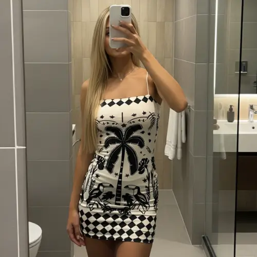 Vestido Curto Feminino Estampa Tropical Minimalista