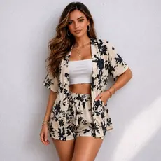 Conjunto kimono + Short  Com Bolso Tecido Duna Estampado Verão 2026Praia