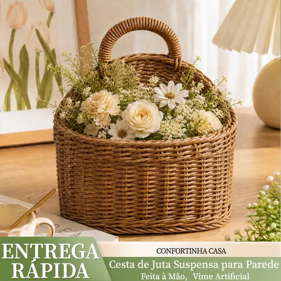 Cesta de Juta Suspensa para Parede – Feita à Mão, Vime Artificial, Armazenamento e Decoração