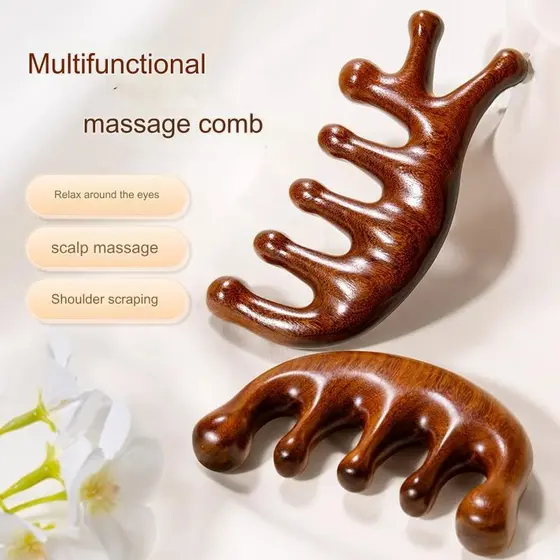 Pente De Massagem Cabeça De Gua Sha Resina Anti-Estática De Couro De Sândalo Para Homens E Mulheres Com Cinco Dentes Nutricional Raspador De Meridiano Saudável