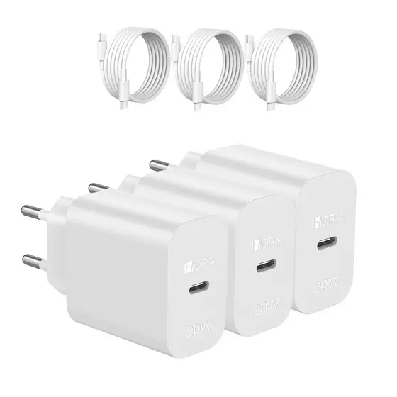 KIT 3X Carregador Usb C 1Hora, Pd20W + Cabo Usb C 1 Metro Branco