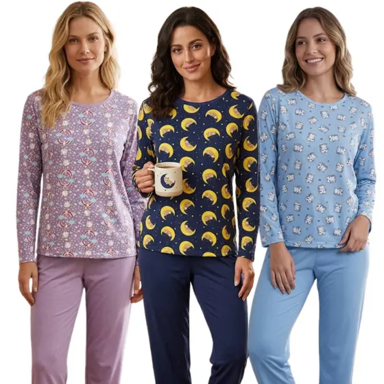 Pijama Feminino manga longa Suede adulto várias estampas