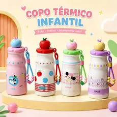 Garrafa Térmica inox Infantil Portátil 500ML Com Desenho e Alça para Criança Transporte Escola