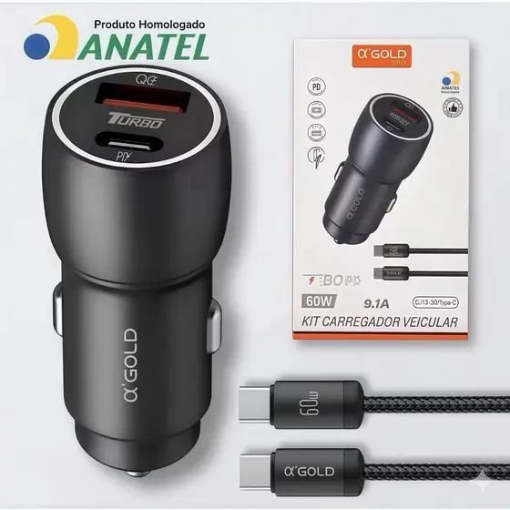 Carregador Veicular CarroTurbo 60W USB + TIPO C Para Android e iPhone Carregamento Rápido A’GOLD
