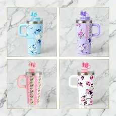 Copo Garrafa Térmico Inox Portátil 600ML  Com Canudo Alça Desenho de flores para Crianças