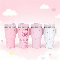 Copo Garrafa Térmico Inox Portátil 600ML 1200ML Com Canudo Alça Desenho flores Gatinho para Crianças