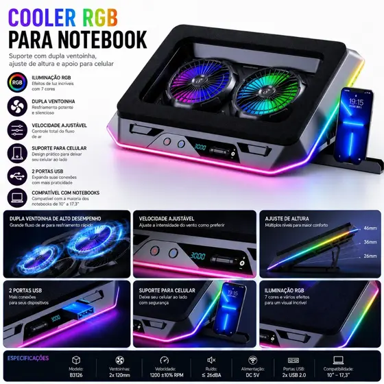 Suporte Gamer para Notebook Com 2 Coolers RGB Base Ajustável e Refrigeração Potente GG 3000rpm
