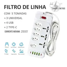 Régua Filtro de Linha com 7 Tomadas Extensão Elétrica 3 Universal 4 U 2 Type c Bivolt 10A 110V/220V