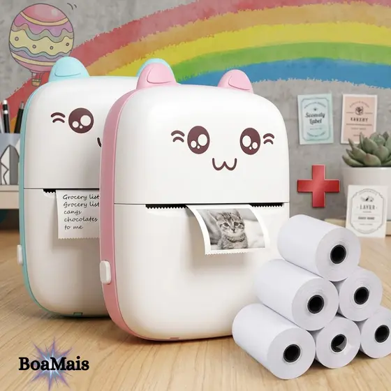 Mini Impressora Térmica Sem Fio Gatinho com Papel para Corrigir Exercício Escolar
