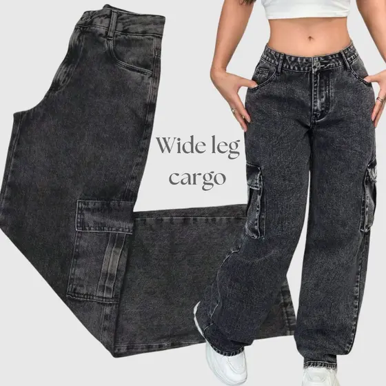 Calça Wide Leg Cargo Jeans Feminina Cintura Alta com Bolso tecido 100% Algodão Pantalona PREMIUM