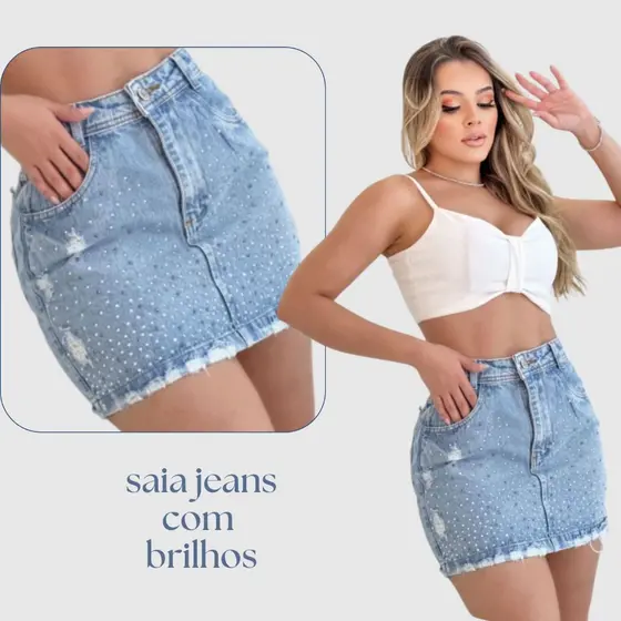 Saia Jeans Feminina Curta Com Brilhos Tecido 100% Algodão