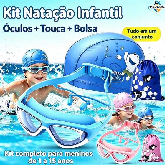 MEDOOSI Kit Natação Infantil Antiembaçante UV | Óculos Proteção UV + Touca Silicone + Protetores Auriculares + Estojo