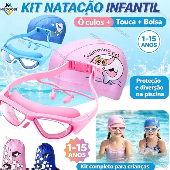 MEDOOSI Kit Natação Infantil e Criança Silicone Proteção UV | Óculos HD Antiembaçante + Touca + Tampões + Bolsa