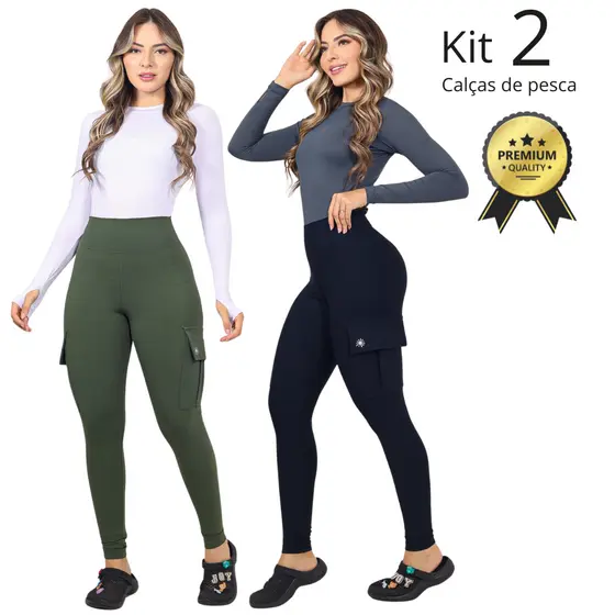 Kit c/ 2 Calças de Pesca Feminina com Proteção Solar Tecido Frio Bolso Cargo