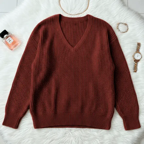 Blusa Plus Size Elegante Manga Longa Decote V Ponto Fang Suéter Inverno Frio Tricot Casual Básico