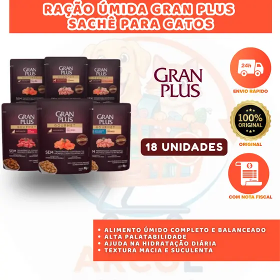 GRAN PLUS SACHÊ PARA GATOS CAIXA COM 18 UN DE 85G NUTRIÇÃO COMPLETA DIÁRIA