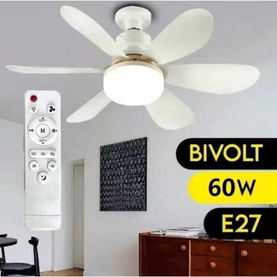 Novo ventilador de teto inteligente de 60 W com controle remoto, pás grandes e funcionamento silencioso.