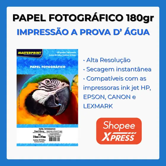 Papel Fotográfico 180g Glossy A4 Brilhante à Prova D'água MASTERPRINT