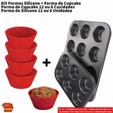 Kit 12 ou 6 Forminhas de Silicone Não Gruda + Forma de Cupcake 12 ou 6 Cavidades Antiaderente Empada