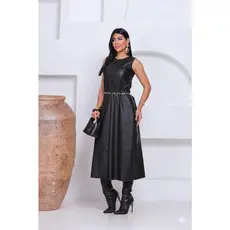 Vestido Midi de Couro fake Feminino Elegante Premium tamahos M / G