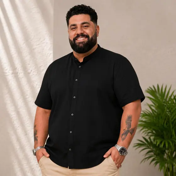 Camisa Masculina Plus Size Social Manga Curta Gola Padre Slim Luxo