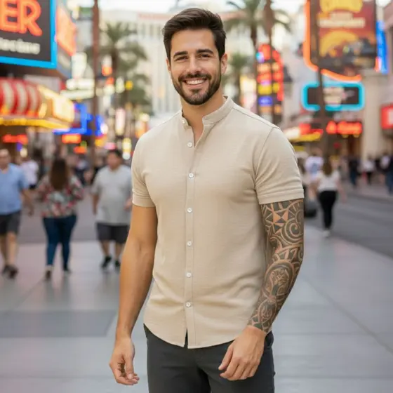 Camisa Masculina Gola Padre Social Manga Curta Linho verão